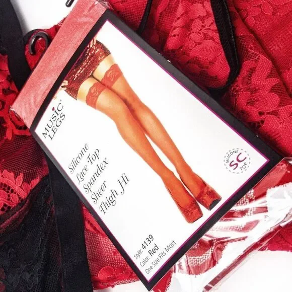 Lacey Red Sweetheart Chemise & Sheer Thigh Highs Sz L - Picture 10 of 14